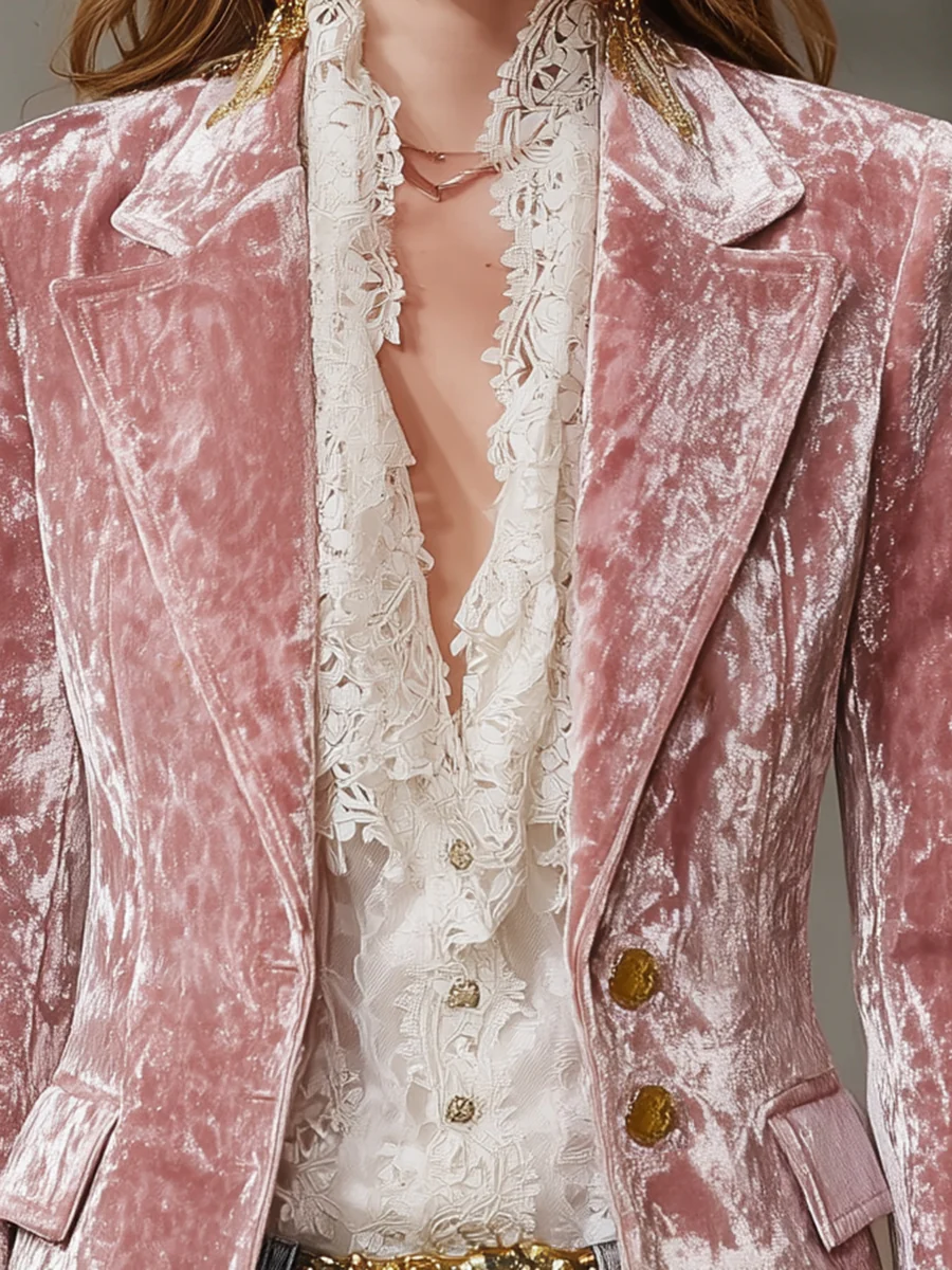Retro Pink Velvet Gold Button Blazer