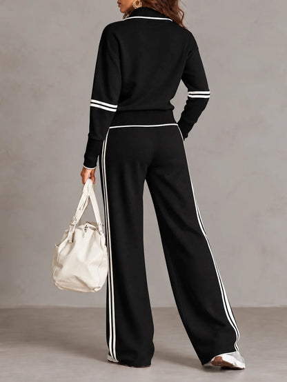 White Half-zip Collar Ribbed Sweatshirt And Color-blocked Wide-leg Pants Suit