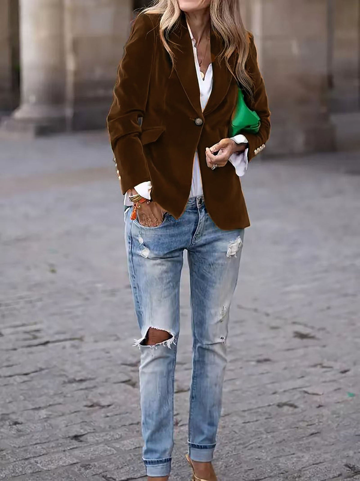 Elegant Velvet Slim-fit Faux Pocket Suit Jacket