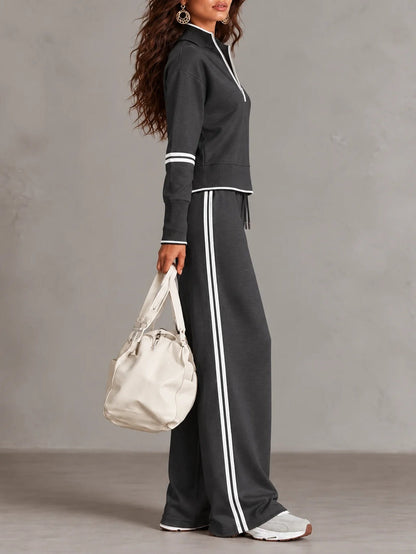White Half-zip Collar Ribbed Sweatshirt And Color-blocked Wide-leg Pants Suit