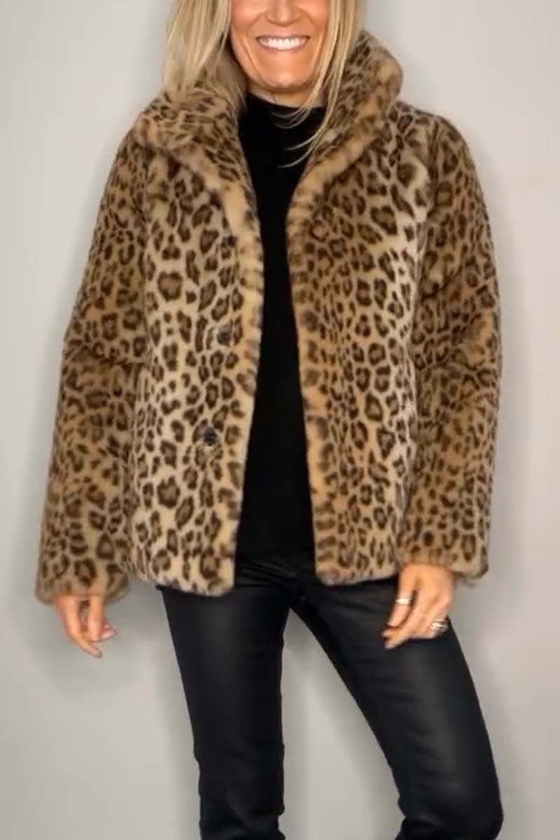 Stylish Leopard Print Lapel Faux Fur Mid-length Coat