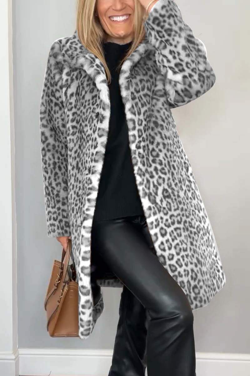 Stylish Leopard Print Lapel Faux Fur Mid-length Coat