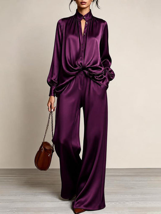 Womens Satin Stand Collar Button Down Shirt High Waist Wide Leg Trousers Luxury Purple Two Piece Set Outfit